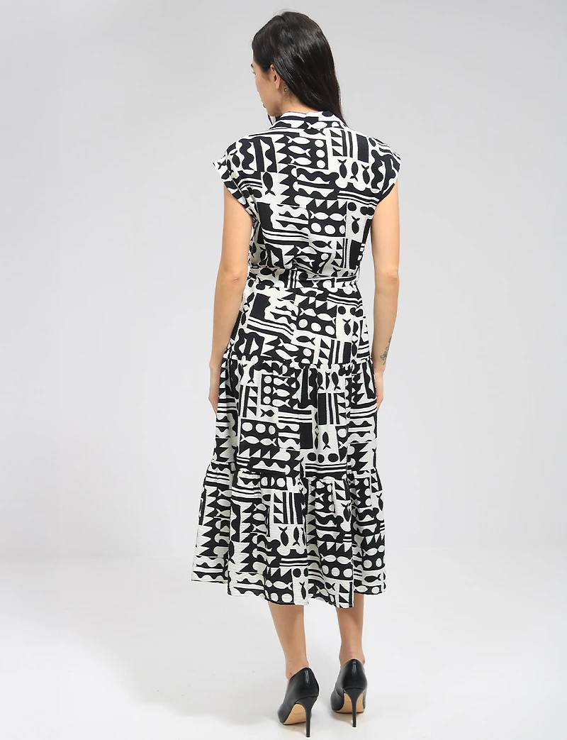 Robe Mi-Longue Rétro Imprimé Abstrait avec Ceinture & Manches Courtes Point Zero