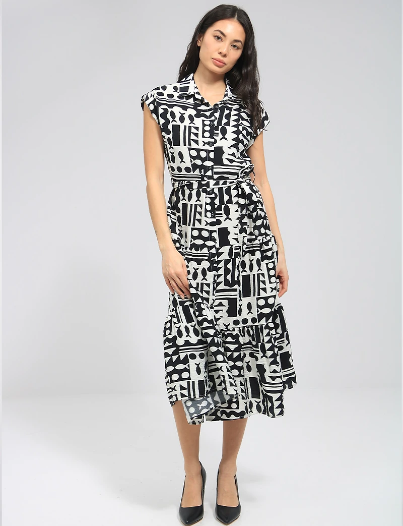 Robe Mi-Longue Rétro Imprimé Abstrait avec Ceinture & Manches Courtes Point Zero