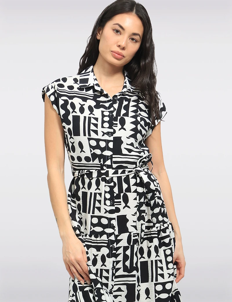 Robe Mi-Longue Rétro Imprimé Abstrait avec Ceinture & Manches Courtes Point Zero