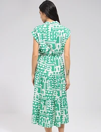 Robe Mi-Longue Rétro Imprimé Abstrait avec Ceinture & Manches Courtes Point Zero