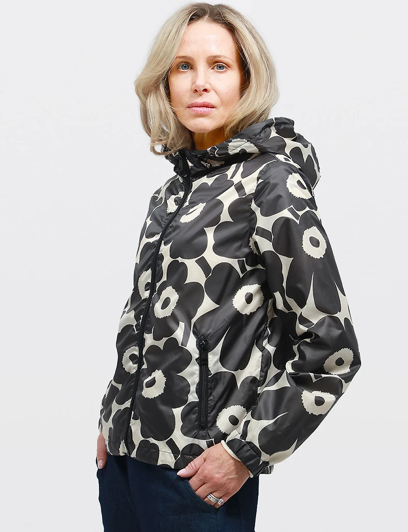 Veste Coupe-vent Vegan À Capuche Motif Floral Noir Et Blanc Par Point Zero