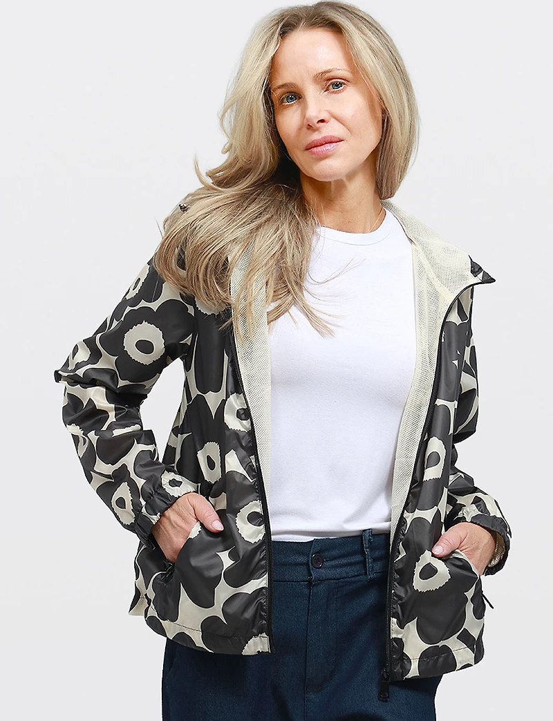 Veste Coupe-vent Vegan À Capuche Motif Floral Noir Et Blanc Par Point Zero