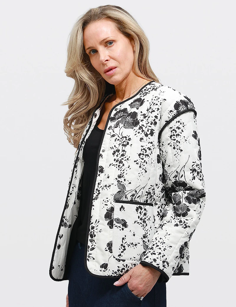 Veste Matelassée Courte Chic À Imprimé Floral Noir Et Blanc Par Point Zero