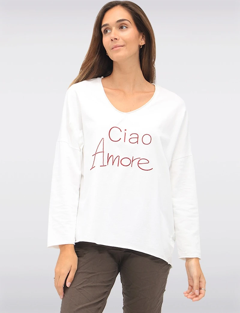 Haut V-Neck Brodé Ciao Amore avec Manches 3/4 et Dos Plus Long par Froccella