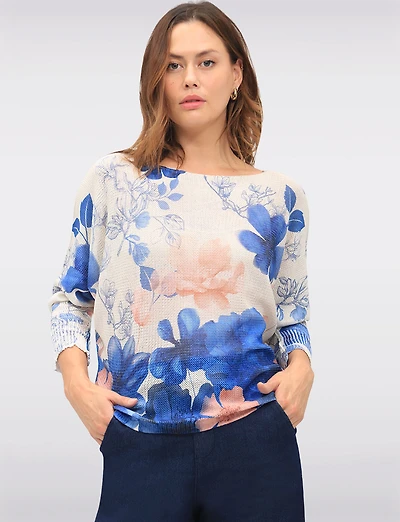 Haut en tricot à Fleurs avec Manches Dolman 3/4 et Col Bateau par Froccella