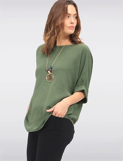 Haut Uni Chic Décontractée avec Manches Dolman & Collier Assorti Froccella