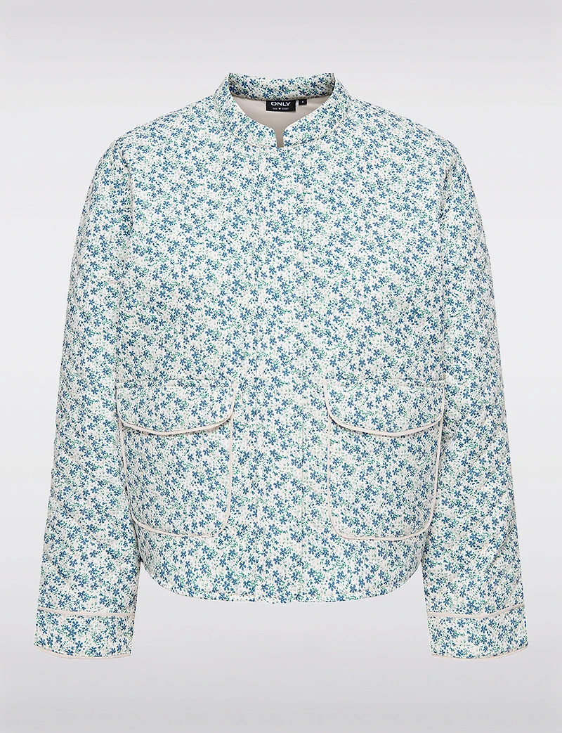 Manteau Matelassé Court Motif Paisley Bleu & Crème à Poches Plaquées par Only