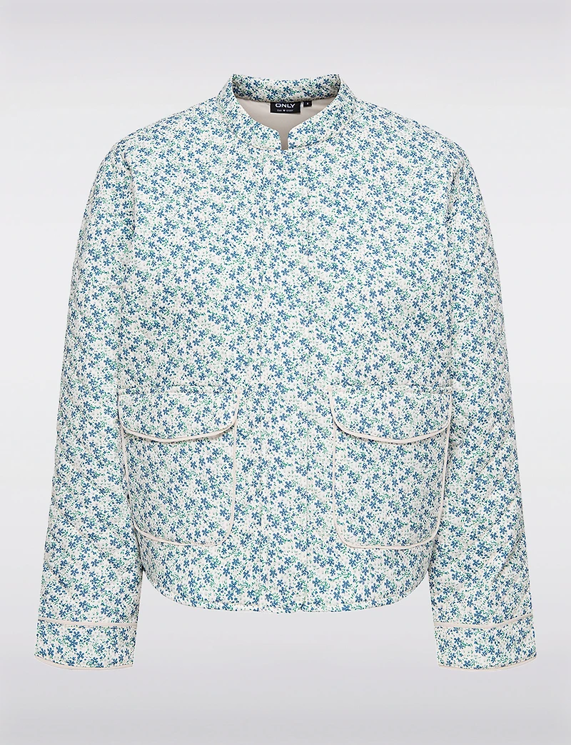 Manteau Matelassé Court Motif Paisley Bleu & Crème à Poches Plaquées par Only