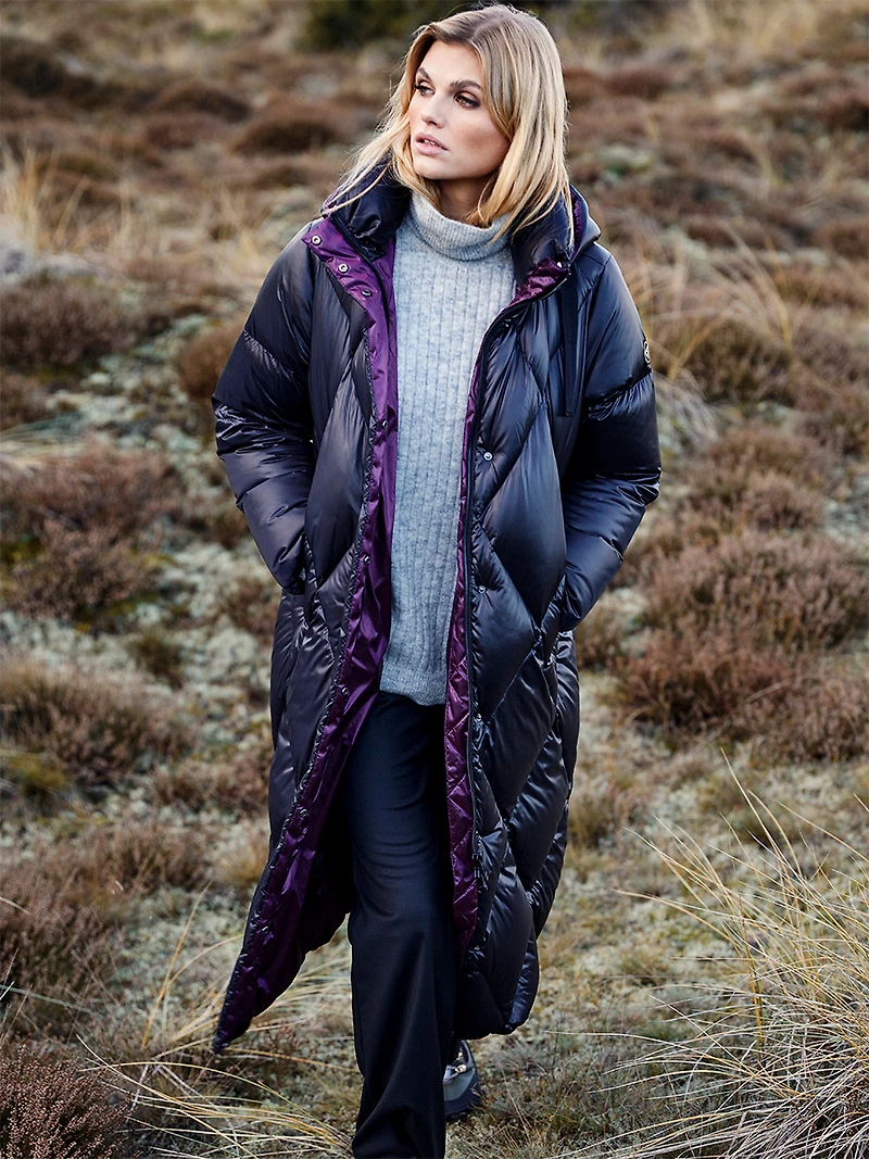 Doudoune Longue Matelassée Deux Tons Brillants À Capuche Amovible Par Frandsen