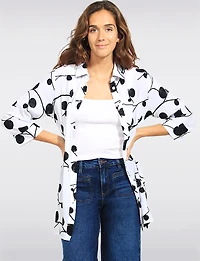 Chemise Tunique Goa Blanc Broderie Botanique à Manches 3/4 et Fentes Latérales