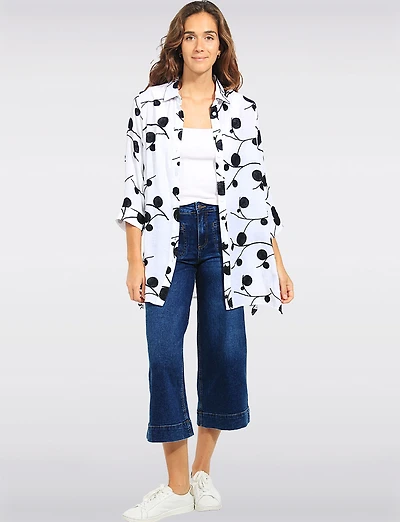 Chemise Tunique Goa Blanc Broderie Botanique à Manches 3/4 et Fentes Latérales