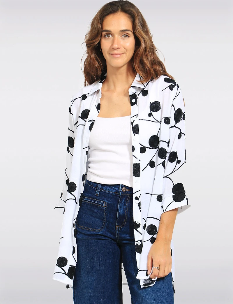 Chemise Tunique Goa Blanc Broderie Botanique à Manches 3/4 et Fentes Latérales