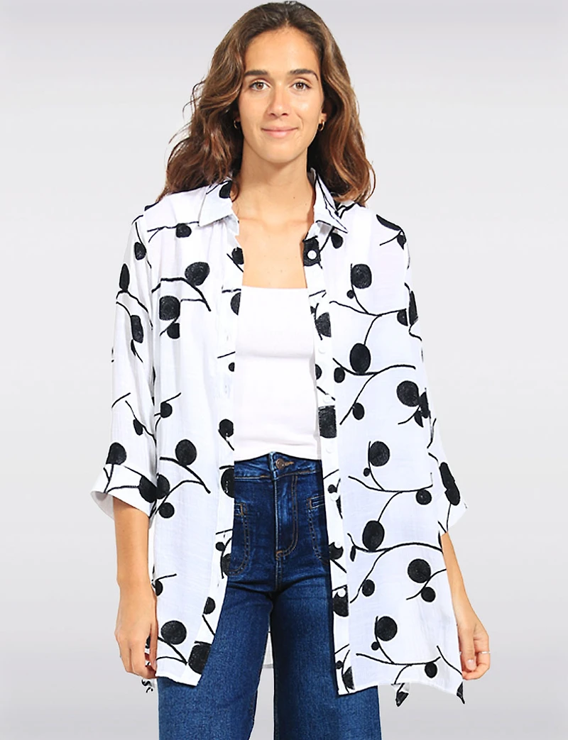 Chemise Tunique Goa Blanc Broderie Botanique à Manches 3/4 et Fentes Latérales