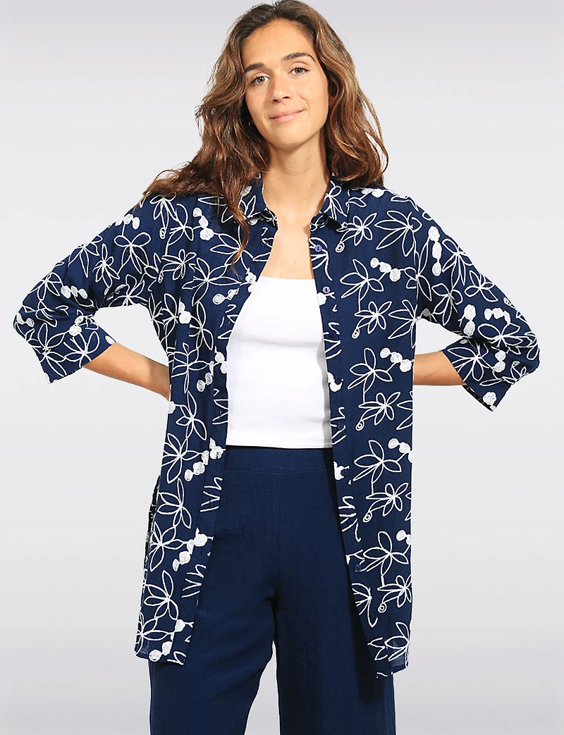 Blouse Tunique Broderie Botanique avec Manches 3/4 et Fentes Latérales Goa