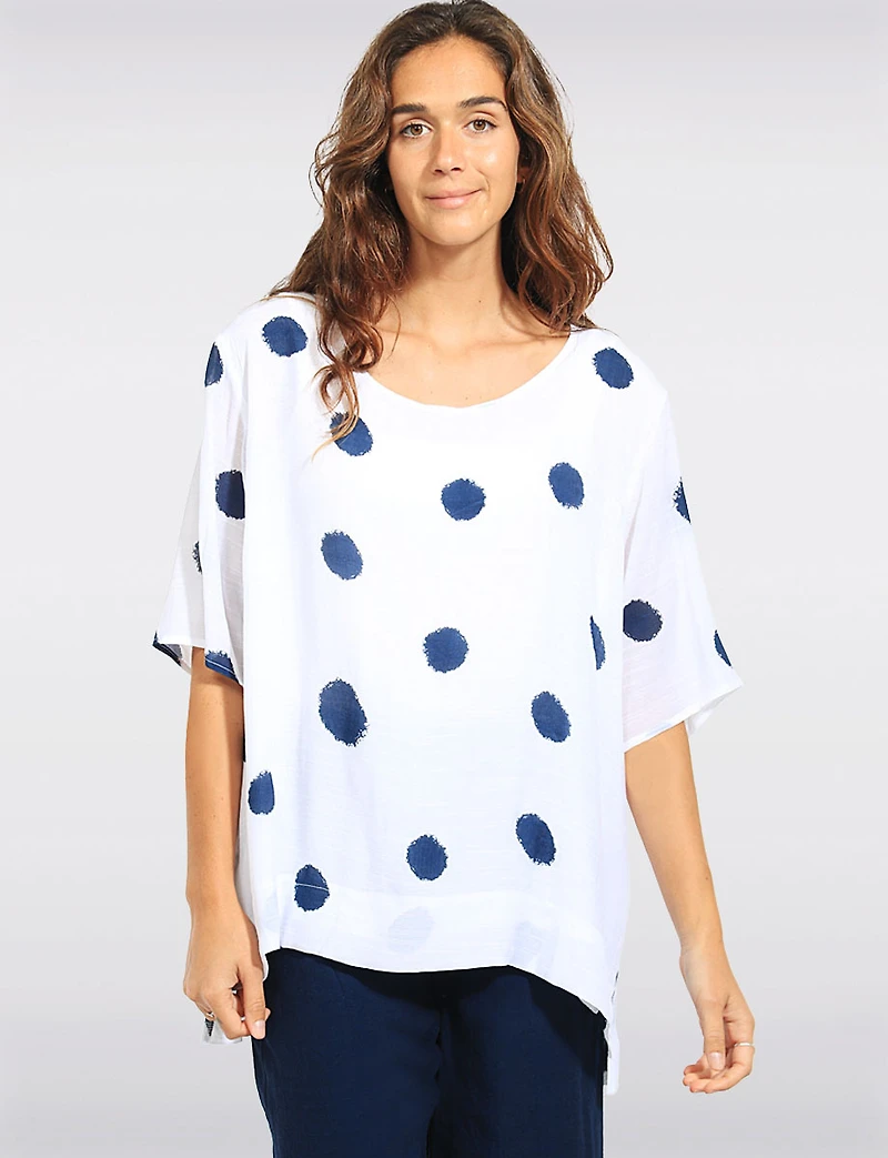 Haut Goa Décontracté Imprimé à Pois - Manches Courtes Dolman et Ourlet High-Low