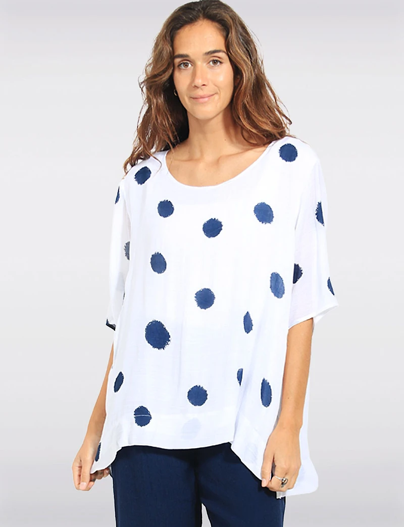 Haut Goa Décontracté Imprimé à Pois - Manches Courtes Dolman et Ourlet High-Low