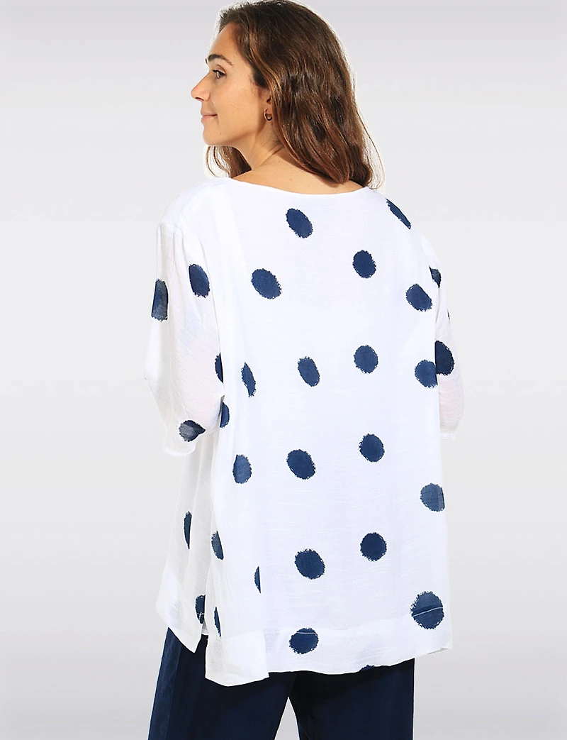 Haut Goa Décontracté Imprimé à Pois - Manches Courtes Dolman et Ourlet High-Low