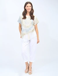 Haut Goa Asymétrique Fluide Mélange Lin - Manches Courtes avec Motif Tie-Dye