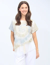 Haut Goa Asymétrique Fluide Mélange Lin - Manches Courtes avec Motif Tie-Dye