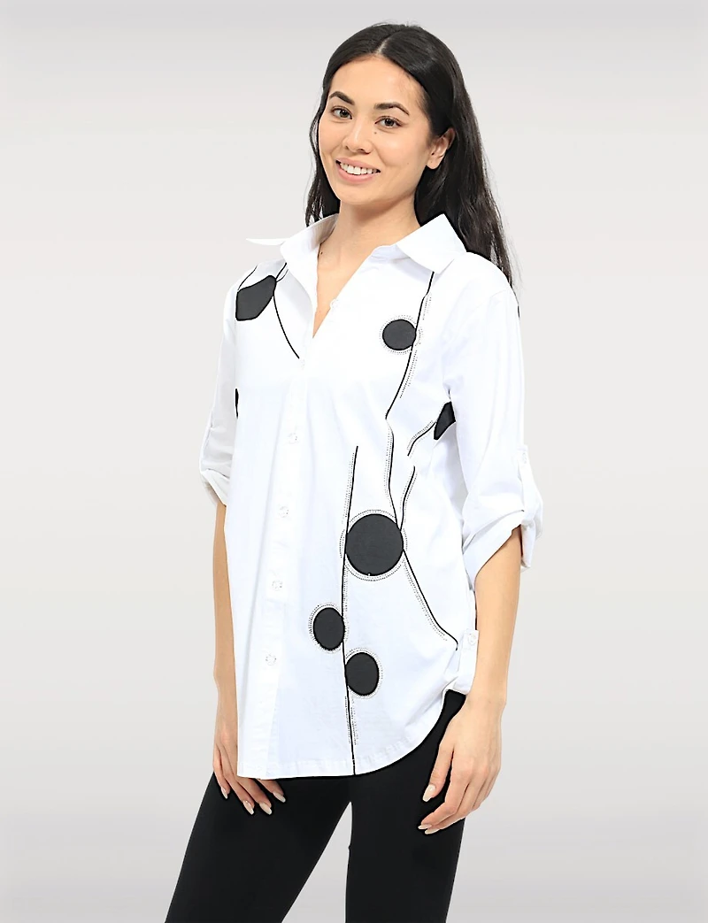 Chemise à Imprimé Circulaire avec Strass Manches 3/4 & Ourlet Arrondi par Goa