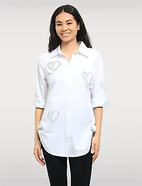 Chemise Coton Extensible à Cœurs – Manches 3/4 Retroussables Ourlet Arrondi Goa