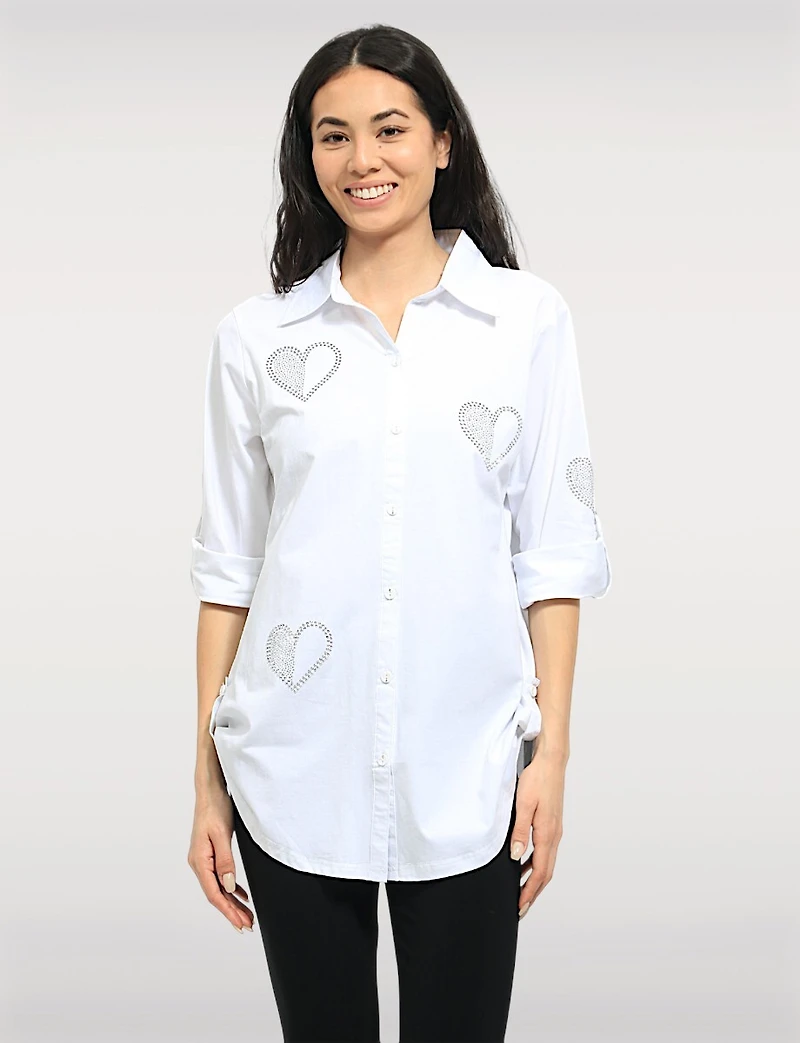 Chemise Coton Extensible à Cœurs – Manches 3/4 Retroussables Ourlet Arrondi Goa