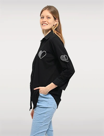 Chemise Coton Extensible à Cœurs – Manches 3/4 Retroussables Ourlet Arrondi Goa