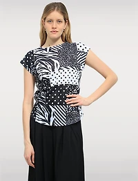 Haut Léger Voilé à Manches Courtes avec Col Rond et Motif Noir & Blanc par Moffi