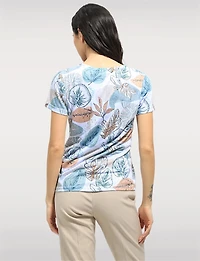 Haut Chic Imprimé à Manches Courtes avec Col Rond et Détails en Strass par Moffi