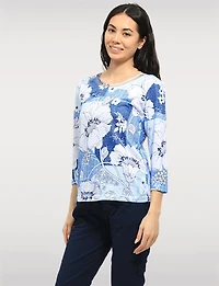 Haut en Tricot Floral avec Manches 3/4 Col Rond & Détails Strass par Moffi