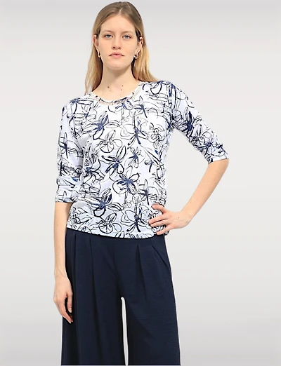 Haut en Tricot Floral Abstrait Élégant avec Manches 3/4 et Col Rond par Moffi