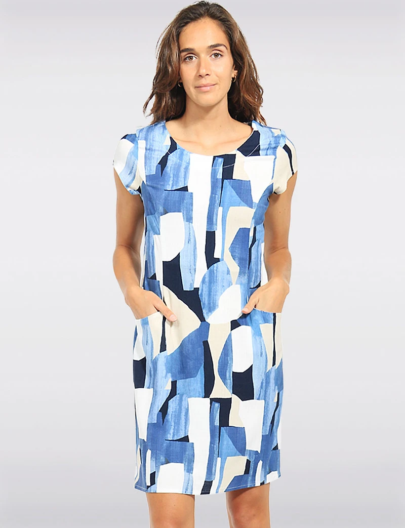 Robe Imprimé Coupe Droite Longueur Genoux Manches Courtes Et Poches Par Devia