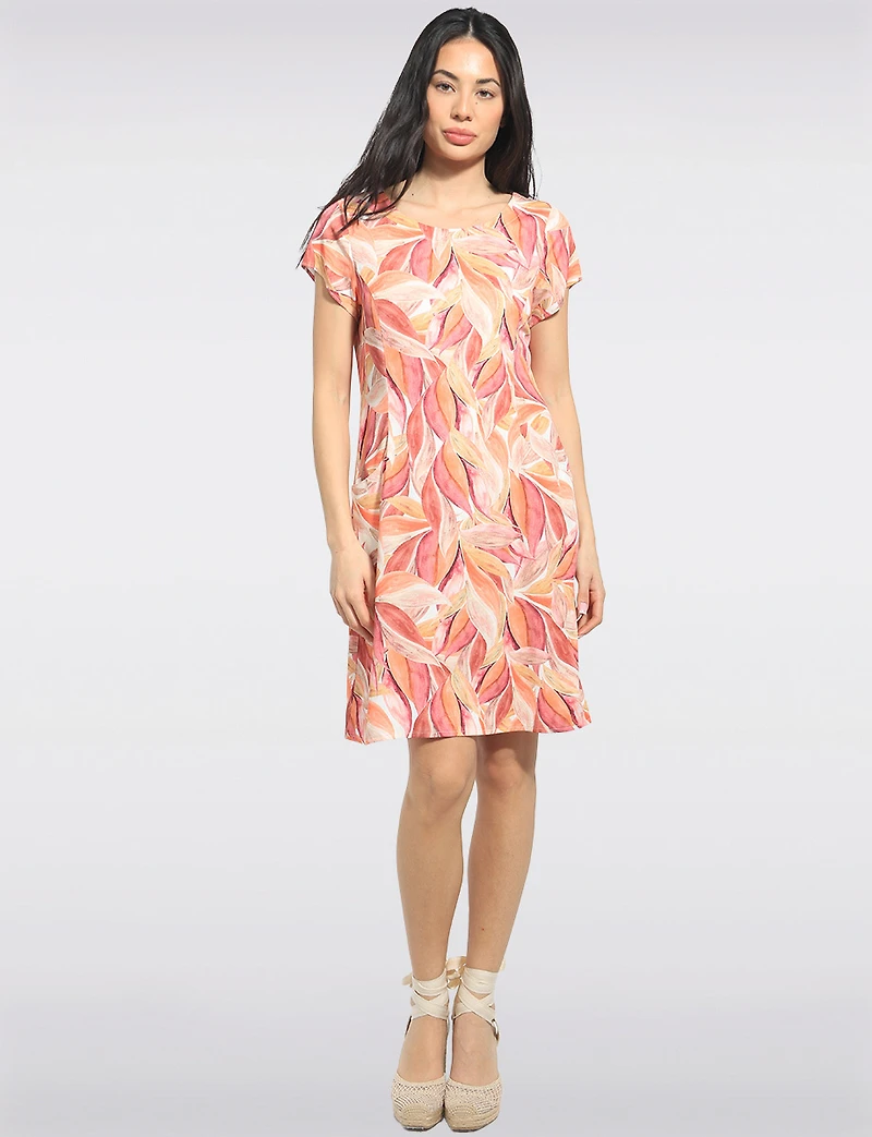 Robe À Manches Courtes Coupe Droite Imprimé Feuilles Avec Poches Par Devia