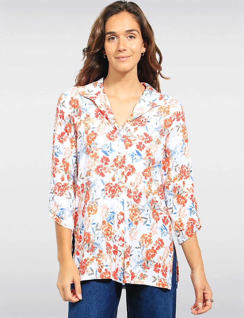 Chemise Boutonnée À Manches Trois-quarts Imprimé Floral Et Col Pointu Par Devia