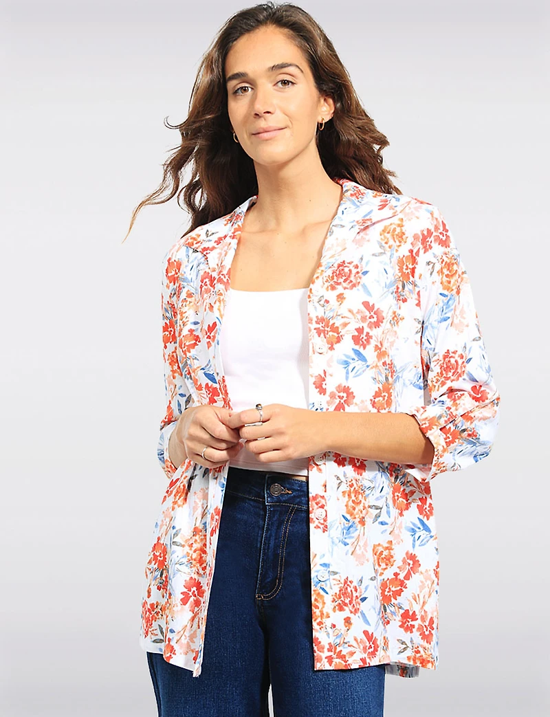 Chemise Boutonnée À Manches Trois-quarts Imprimé Floral Et Col Pointu Par Devia