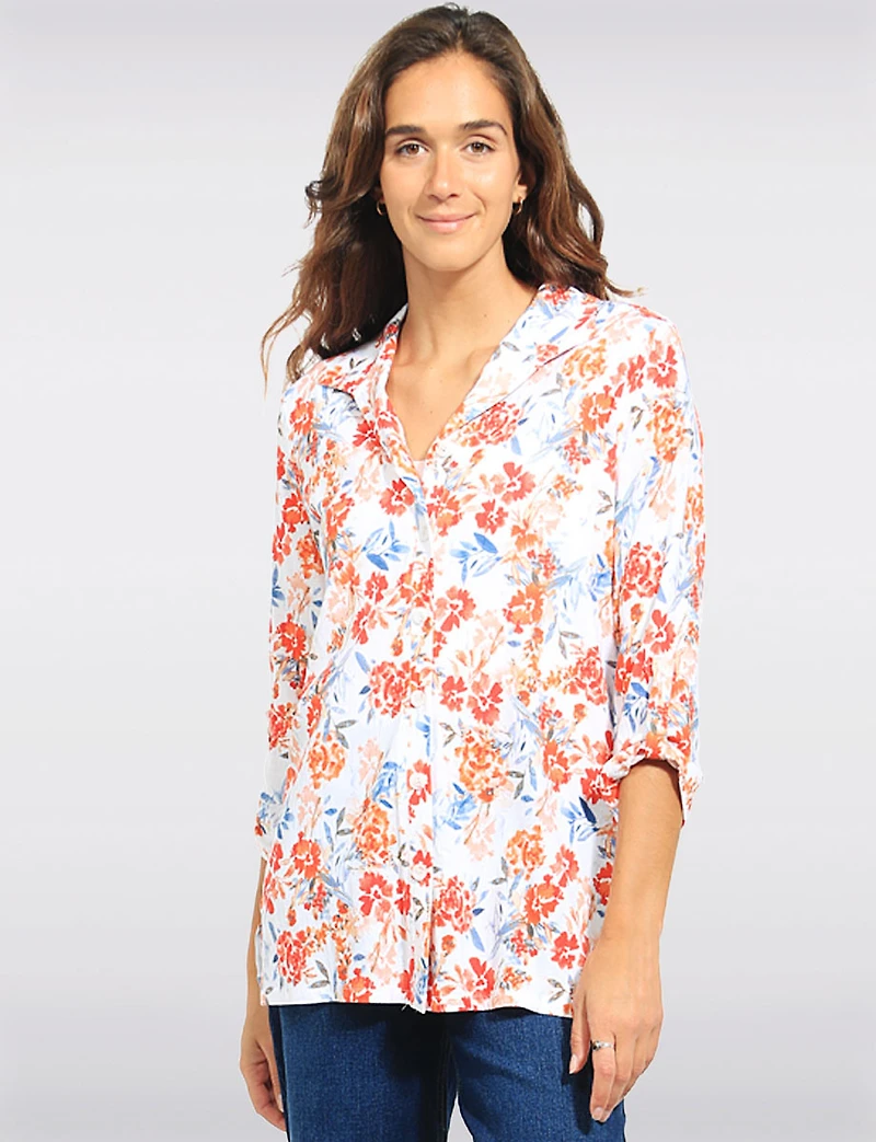 Chemise Boutonnée À Manches Trois-quarts Imprimé Floral Et Col Pointu Par Devia