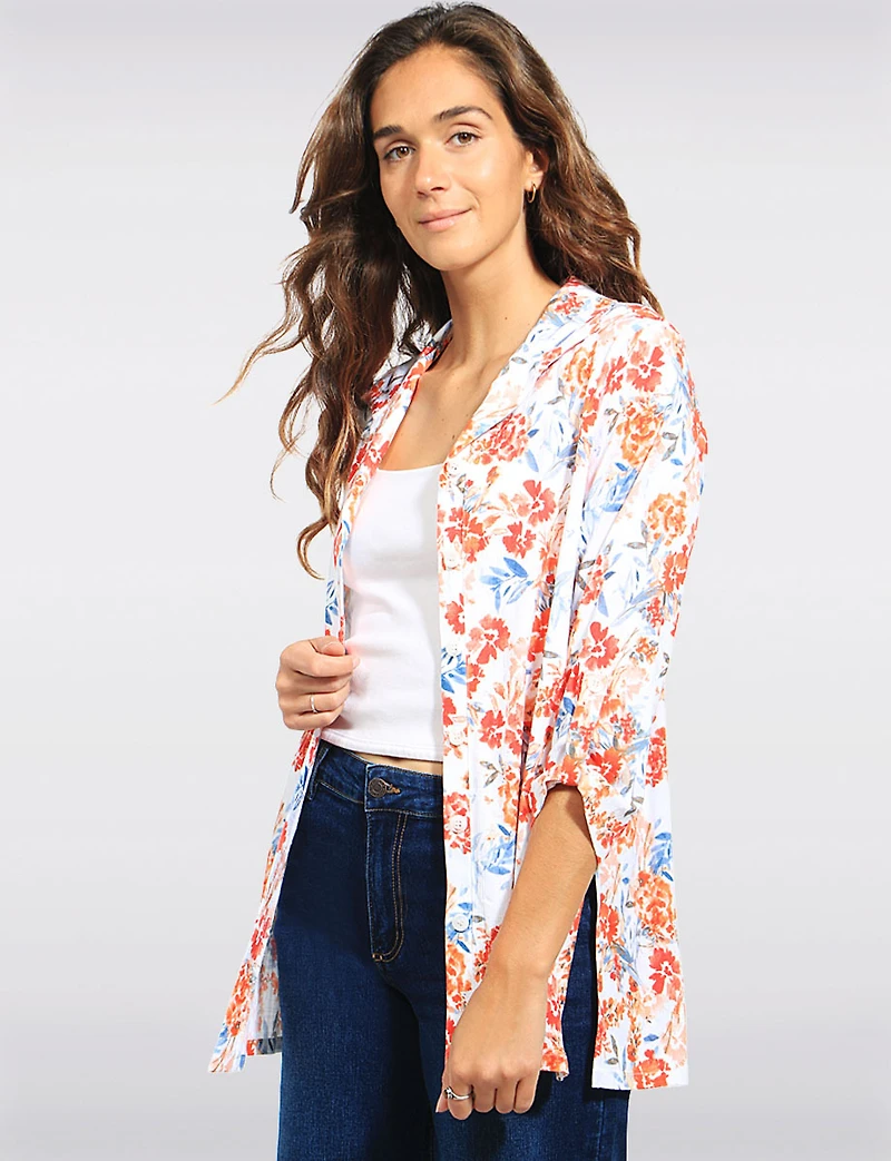 Chemise Boutonnée À Manches Trois-quarts Imprimé Floral Et Col Pointu Par Devia