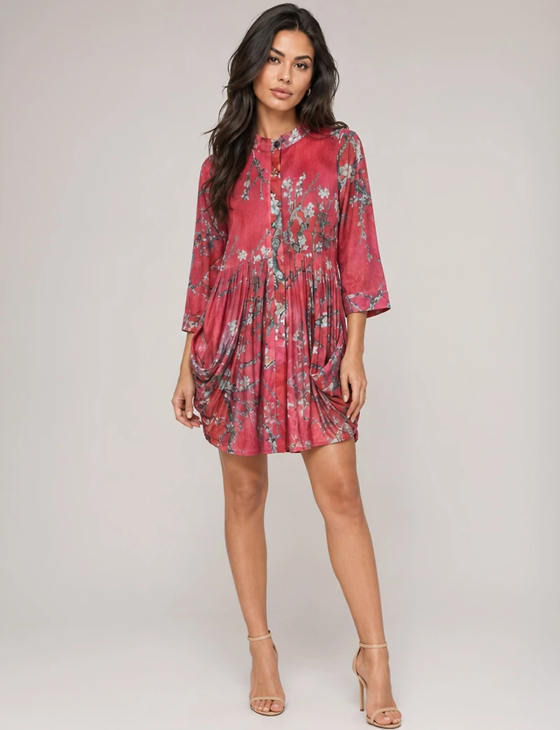 Tunique Col Chemise Imprimé Fleur - Cerisier Plissée Coupe Ample Rouge par Lindi