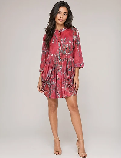 Tunique Col Chemise Imprimé Fleur - Cerisier Plissée Coupe Ample Rouge par Lindi