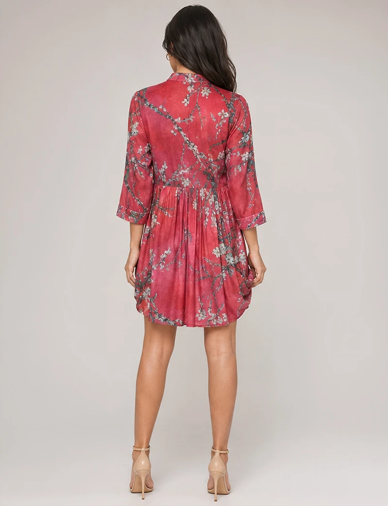 Tunique Col Chemise Imprimé Fleur - Cerisier Plissée Coupe Ample Rouge par Lindi