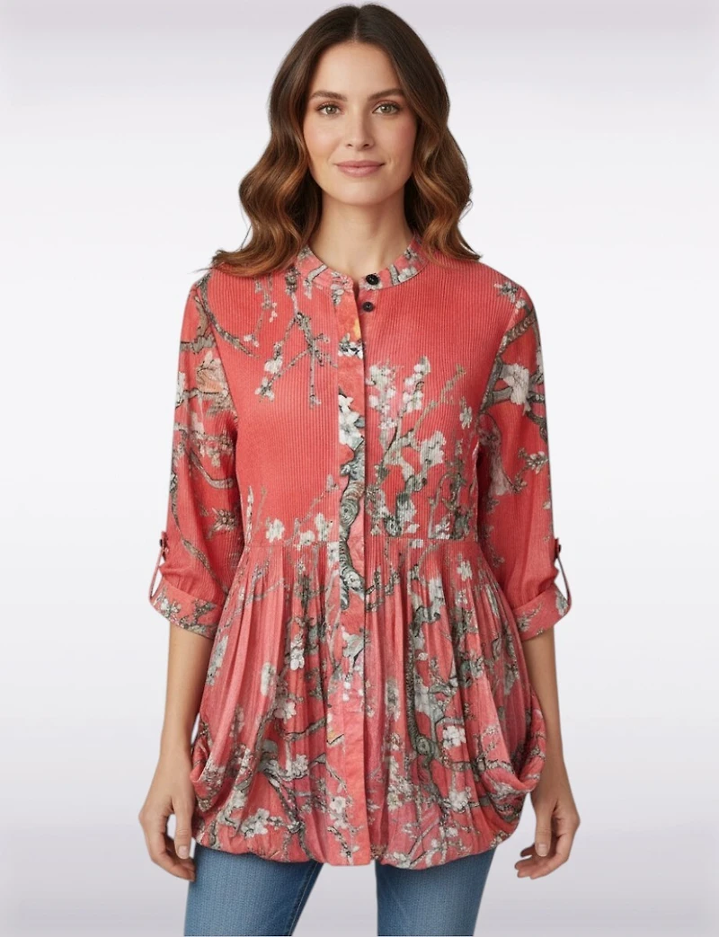 Tunique Col Chemise Imprimé Fleur - Cerisier Plissée Coupe Ample Rouge par Lindi