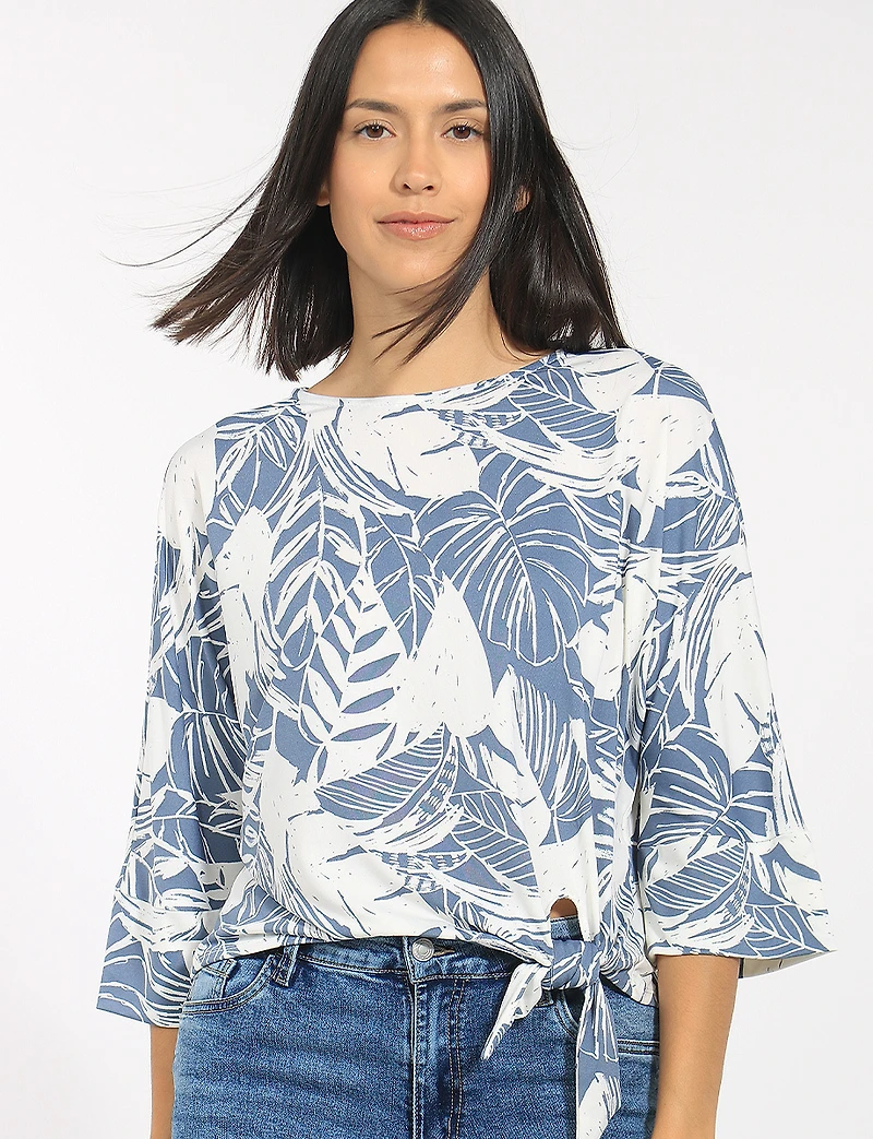 Haut Léger en Maille Extensible à Imprimé Tropical et Manches 3/4 par Perle