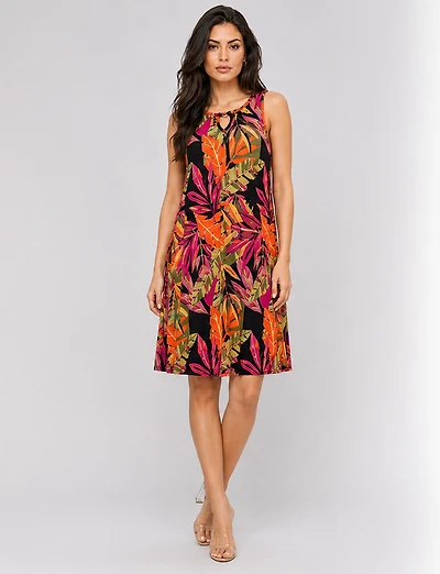 Robe Évasée Perle Sans Manches et Col Goutte -Tricot Imprimée Léger Infroissable