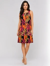 Robe Évasée Perle Sans Manches et Col Goutte -Tricot Imprimée Léger Infroissable