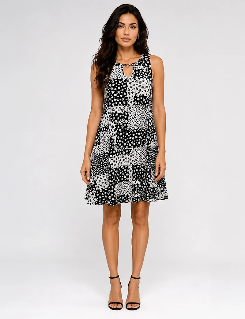 Robe Évasée Perle Sans Manches et Col Goutte -Tricot Imprimée Léger Infroissable