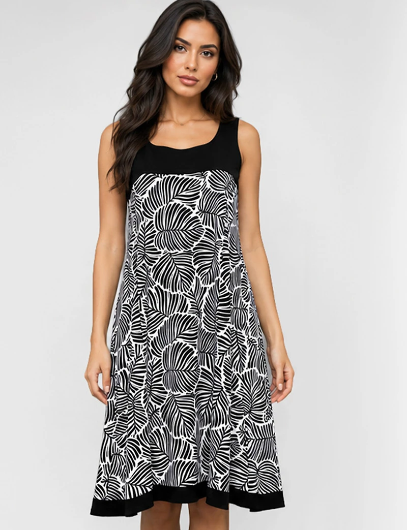 Robe Évasée Sans Manches Perle - Motif Ton Sur Tricot Léger et Infroissable