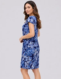 Robe Droite Extensible Imprimé Floral à Col Rond et Manches Courtes Perle