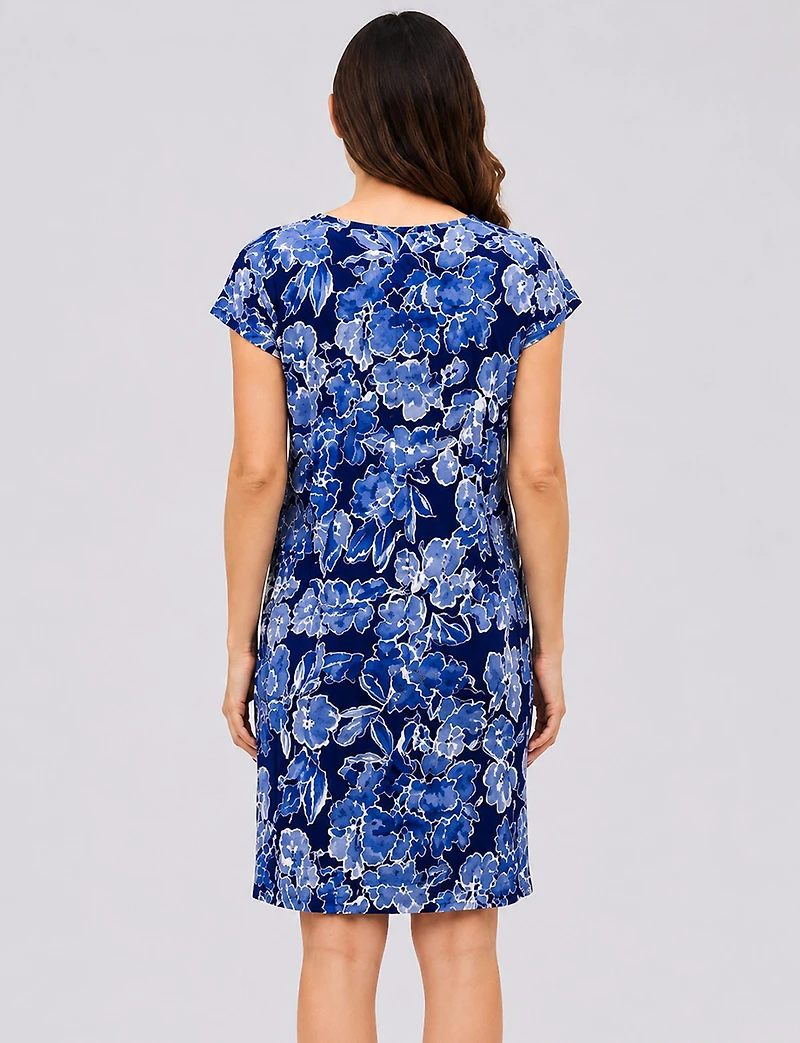 Robe Droite Extensible Imprimé Floral à Col Rond et Manches Courtes Perle
