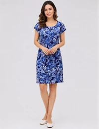 Robe Droite Extensible Imprimé Floral à Col Rond et Manches Courtes Perle