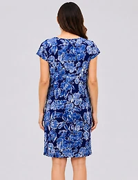 Robe Droite Extensible Imprimé Floral à Col Rond et Manches Courtes Perle